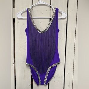 Vintage Purple Fringe Silver Sequin Dance Festival Leotard small